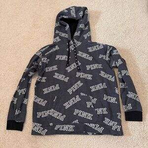 Victoria's Secret PINK Sherpa Lined Hoodie Campus Pullover Gray Logo Size Med